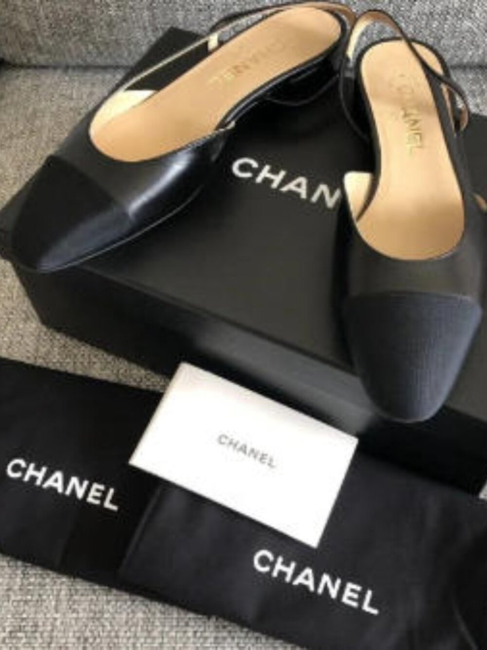 Chanel Classic Slingback Two‑Tone Black Leather Flat Sandals
